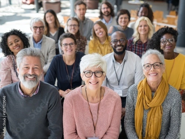 Fototapeta Group of diverse people with teamwork and inclusion at a conference setting
