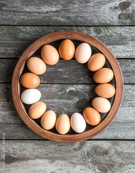 Fototapeta Fresh eggs arranged in a wooden circle