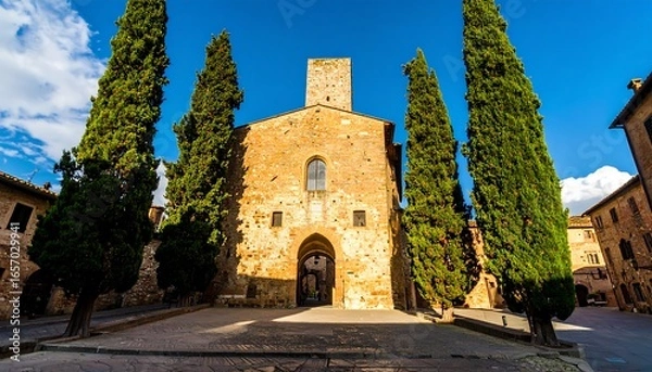 Fototapeta Stone buildings and tall trees in a sunny Italian square.