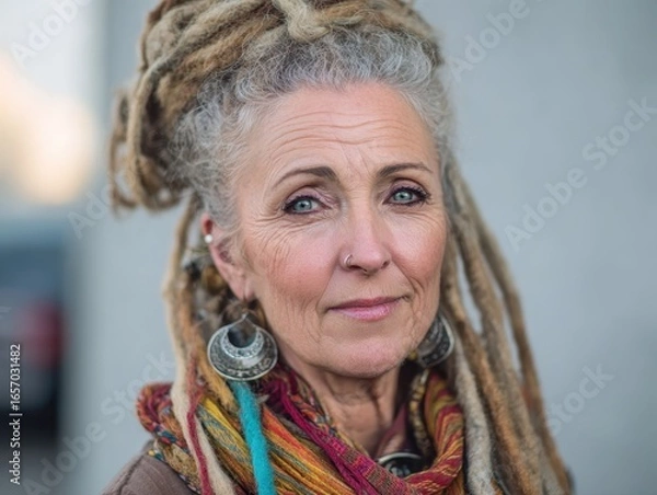 Fototapeta Portrait of a mature woman with dreadlocks looking at the camera with a smile