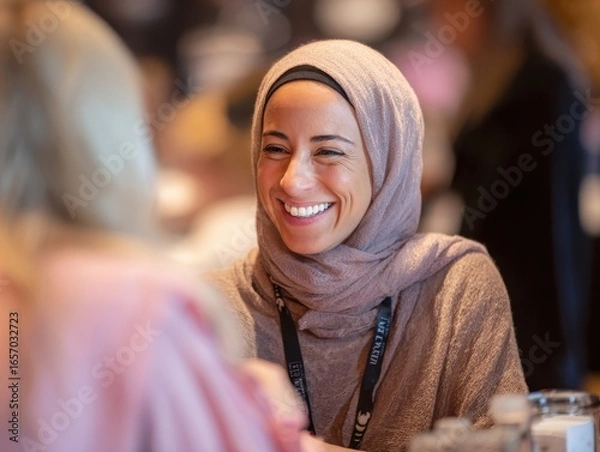 Fototapeta Smiling Muslim businesswoman sharing and talking during a networking event