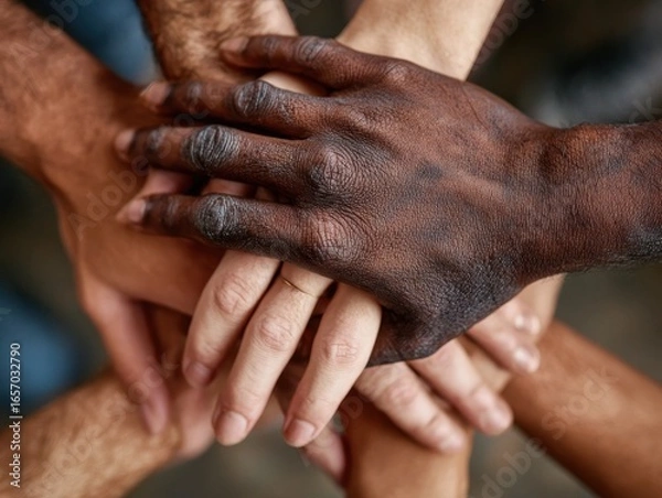 Fototapeta Stack of hands showing unity and teamwork