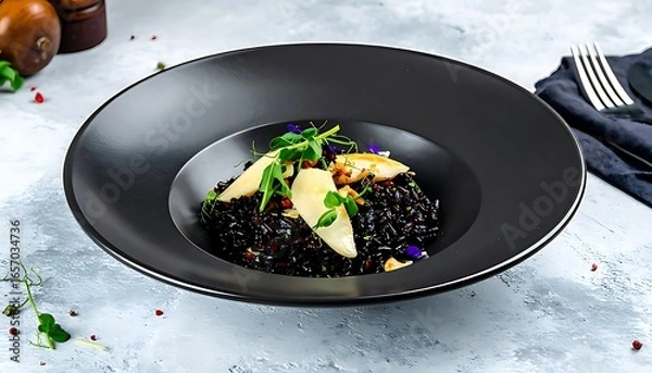 Fototapeta Black risotto dish with pears and cheese on a dark plate.