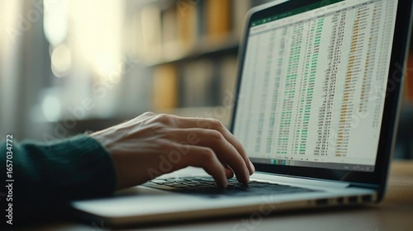 Obraz Fingers typing on a laptop as spreadsheets and graphs fill the screen. Sleek desk setup, corporate analysis.