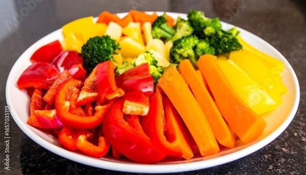 Fototapeta A vibrant platter displays sliced colorful vegetables, including red bell peppers, yellow bell peppers, orange carrots, and broccoli florets, arranged in a circular pattern on a white plate.