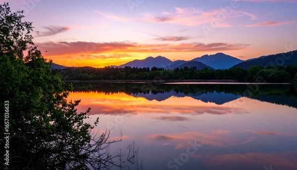 Fototapeta Serene sunset over a still lake, reflecting mountains.