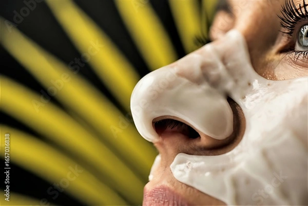 Obraz Close up of woman's face with white cream applied on nose and cheek against blurred gold background