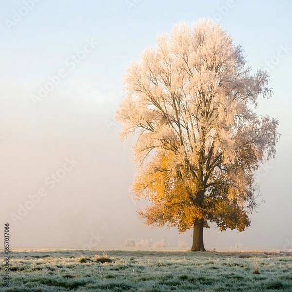 Fototapeta Frosted autumn tree in misty field