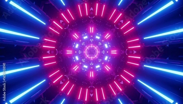 Fototapeta A vibrant, futuristic tunnel of light, featuring concentric circles of glowing, pink and blue neon lines, creates a mesmerizing, abstract design.