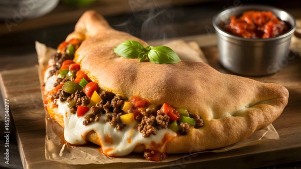 Fototapeta Crispy Folded Pizza Stuffed with Vegetables and Sauce