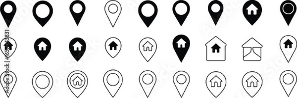 Fototapeta Diverse collection of vector location marker icons, featuring various map pin styles and home and tent symbols, ideal for navigation, mapping, and destination design projects.