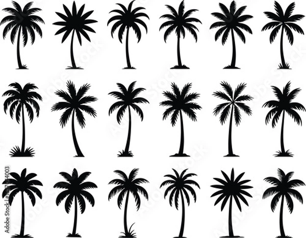 Fototapeta A collection of black silhouette palm tree designs in three rows against a white background
