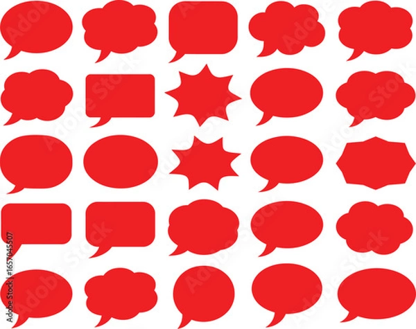 Fototapeta Diverse collection of red speech bubble and thought bubble silhouettes arranged in a grid on a white background, ideal for communication, dialogue, and chat graphic elements.