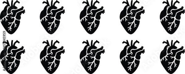Fototapeta Seamless background with black anatomical heart illustrations. Repetitive vector pattern for medical and scientific themes.