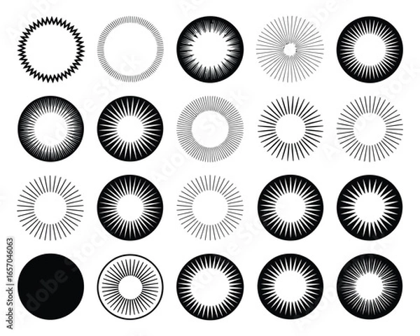 Fototapeta A Collection of 20 Unique Black and White Circular Burst and Starburst Designs
