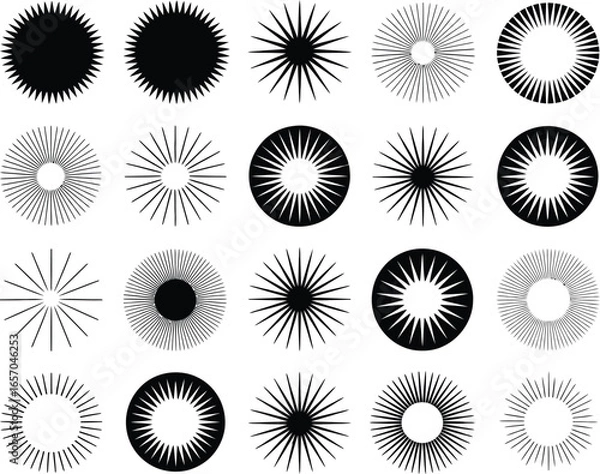 Fototapeta A collection of 20 unique black and white abstract circular burst designs, perfect for graphic design and artistic projects