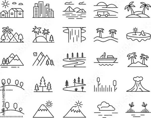 Fototapeta Diverse Landscape Icons A Minimalist Line Art Collection in Black and White