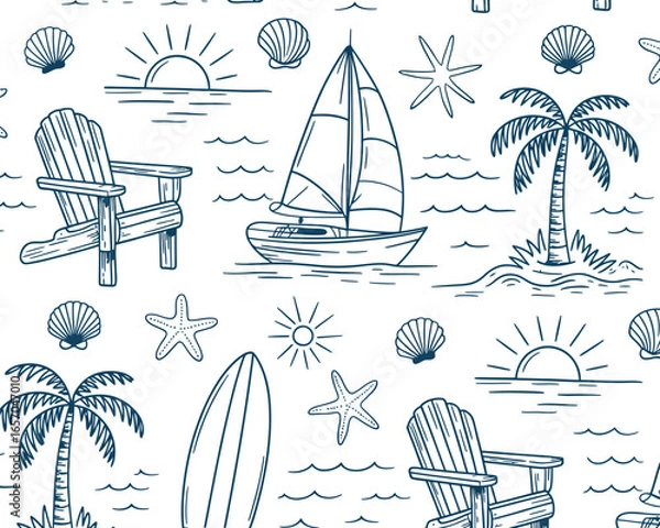 Fototapeta Nautical Beach Vacation Doodle Pattern Seamless Design with Hand-drawn Sailboats, Palm Trees, and Coastal Scenery in Blue Ink.