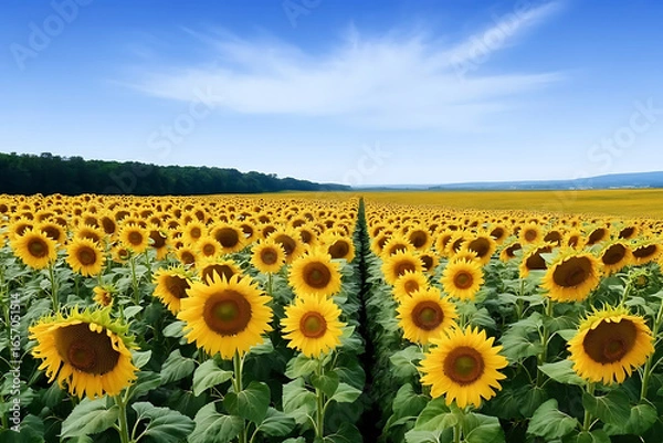 Obraz A vast field filled with sunflowers under a bright blue sky with scattered clouds on a sunny summer day