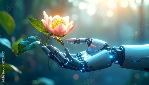 Fototapeta Robot hand holding a flower