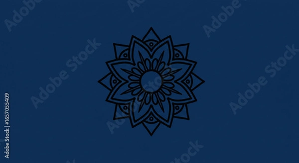 Fototapeta Intricate dark blue mandala flower pattern with geometric symmetry on a solid blue background