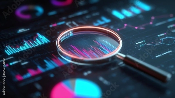 Fototapeta Data analysis displayed on a digital screen with magnifying glass highlighting metrics and graphs in a modern workspace during daytime
