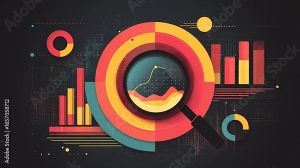 Fototapeta Data analysis visualization with colorful charts and magnifying glass used to explore trends and insights in a digital format for analytical presentations