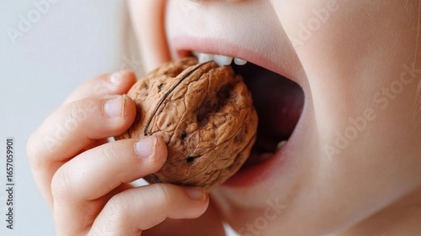 Fototapeta Child joyfully preparing to bite a walnut while smiling with excitement in a bright, cozy indoor setting during daylight