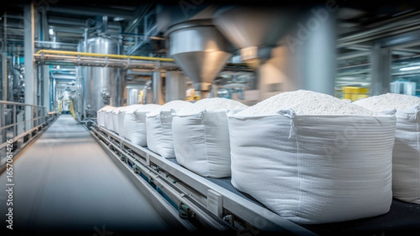 Fototapeta Bulk white sacks filled with food grade powder on a conveyor inside a processing plant, representing supply, storage and industrial efficiency.
