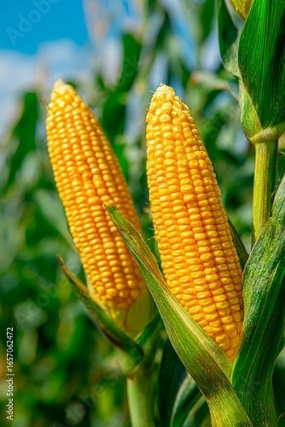 Fototapeta Two ripe ears of corn stand tall among green stalks in a sunny field. The clear blue sky enhances the vibrancy of the golden kernels, indicating a successful growing season