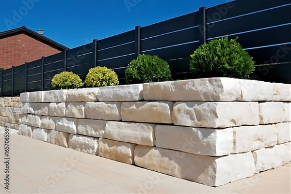 Obraz A stone retaining wall with green bushes and a dark fence under a clear blue sky in a sunny day