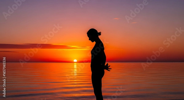 Fototapeta Silhouette of a woman standing by the water at sunset with orange and purple sky reflection on water