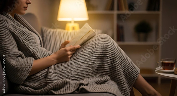 Obraz A woman reading a book on a couch with a lamp and a cup of tea on a table in a cozy setting