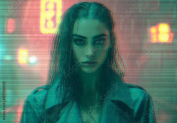 Fototapeta Green Futuristic Holographic Image Effect Cyberpunk Style