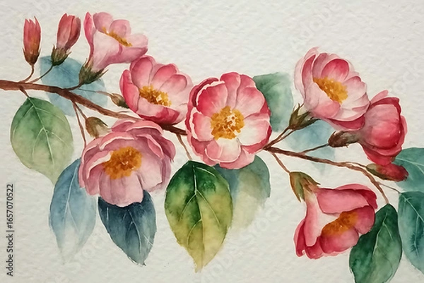 Obraz A watercolor painting of pink flowers and green leaves on a branch against a white background art