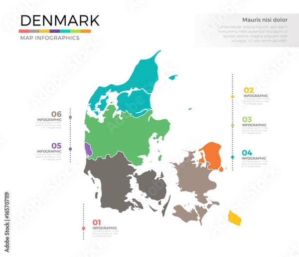 Fototapeta Denmark country map infographic colored vector template with regions and pointer marks