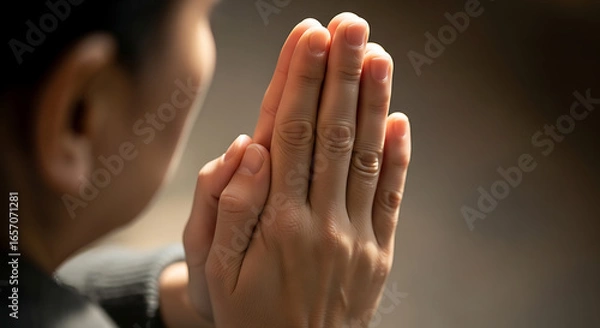 Obraz Person with hands clasped together in prayer or meditation in a softly lit and neutral toned environment