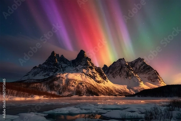 Obraz A landscape view of snow covered mountains with aurora borealis in the night sky above them all around it