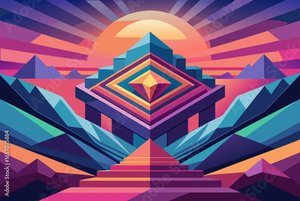 Obraz Vibrant Geometric Sunset Landscape Abstract Digital Art