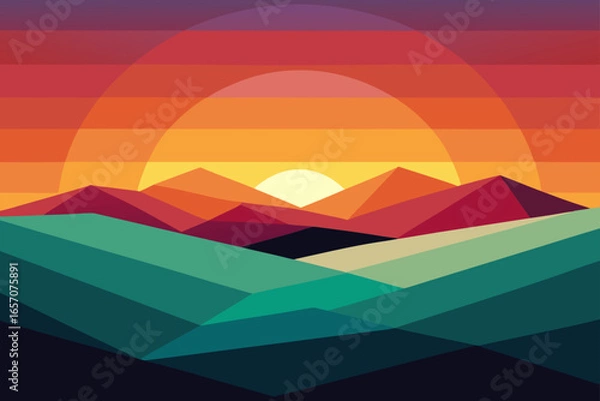 Obraz Geometric Sunset Landscape Vibrant Low-Poly Mountain Range Illustration