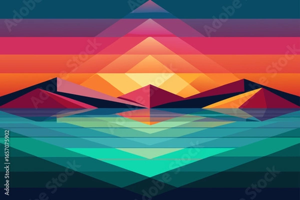 Obraz Geometric Sunset Landscape Abstract Mountain Reflection Artwork