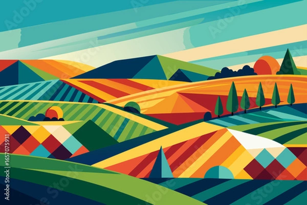 Obraz Vibrant Geometric Landscape Illustration Rolling Hills and Fields