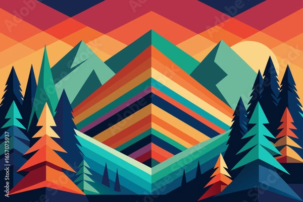 Obraz Geometric Mountain Landscape Illustration Sunset Hues and Evergreen Trees