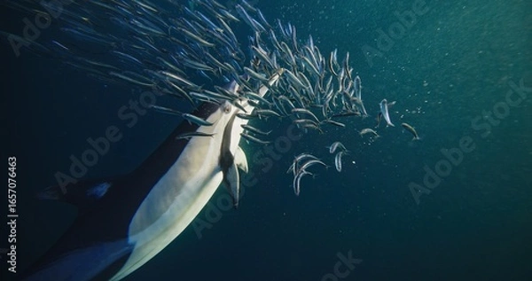 Fototapeta Stunning underwater footage capturing a pod of common dolphins in a feeding frenzy as they hunt sardines. This dynamic and high-quality stock footage showcases the speed, agility, and teamwork.