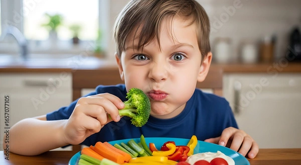 Obraz A young boy eating broccoli with a plate of vegetables in a bright kitchen setting at the table