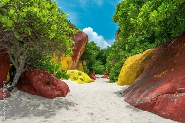 Obraz A sandy path between colorful rocks and lush green trees under a bright blue sky with white clouds