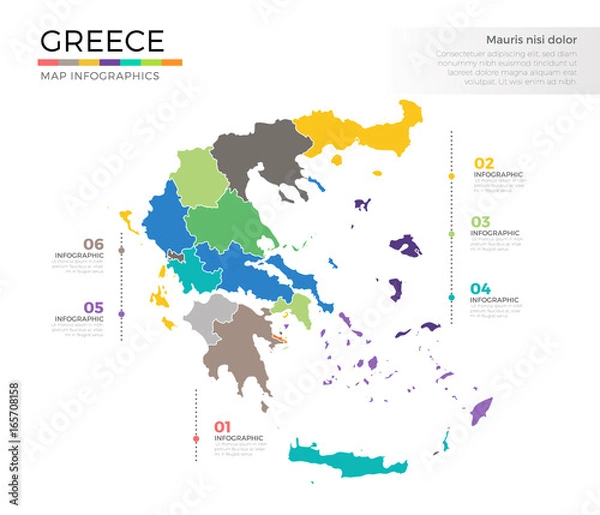 Obraz Greece country map infographic colored vector template with regions and pointer marks