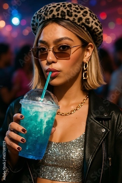 Obraz Junge Frau aus Generation Z trinkt Dirty Soda mit blauer Himbeere auf Party