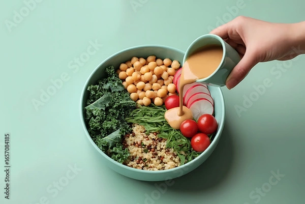 Obraz A bowl with kale, quinoa, chickpeas, radishes and tomatoes being drizzled with a tan colored sauce