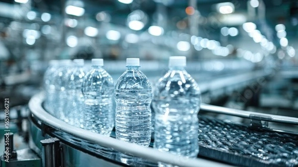 Fototapeta Premium photo of close-up of clear plastic water bottles on a conveyor belt in a modern manufacturing facility, showcasing production in action.